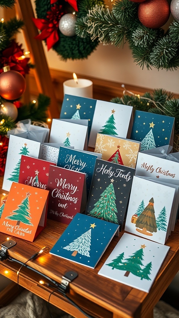 A collection of colorful Christmas cards on a wooden table with holiday decorations.